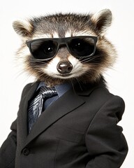 A raccoon wearing a stylish black suit, sunglasses, and tie poses confidently for a portrait against a black background.