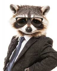 A raccoon is dressed in a formal business suit, complete with glasses and a tie, exuding an air of sophistication and confidence.