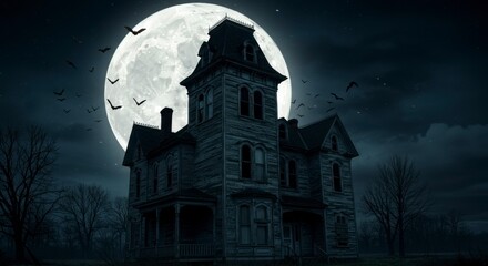 Haunted Victorian mansion under a full moon
