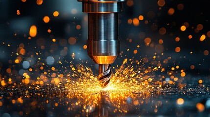 Metalworking machine cutting metal with sparks.