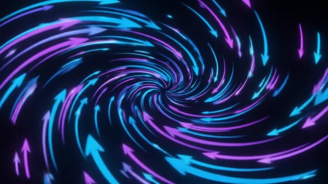 A swirling vortex of neon blue and magenta arrows on a black background. The arrows create a sense of motion, like a portal