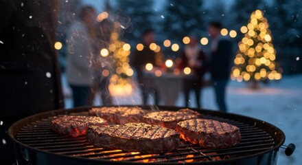 Friends grilling steaks outdoors in winter