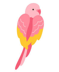 Parrot tropical cartoon illustration. Exotic bright budgerigar pink parrot childish trendy art for kids, sticker card, poster cover. Wildlife jungle Hawaiian cute bird funny vivid vector character