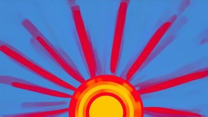Abstract sun design with red rays and a multi-layered yellow and orange circle