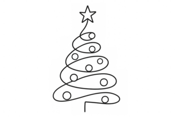 Simple, elegant line art christmas tree with star and ornaments, perfect for holiday projects on transparent background