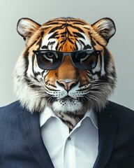 A majestic tiger wears a stylish suit, sunglasses, and a confident expression, creating a humorous and fashionable portrait.