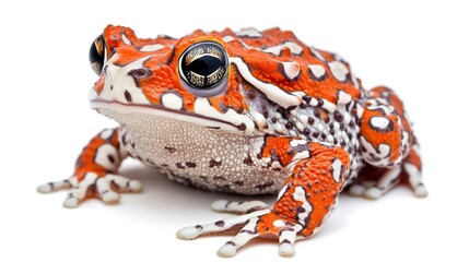 A vibrant toad with striking orange and white markings sits on a white background, showcasing its unique pattern and detailed skin texture.