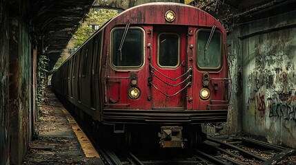 Fototapeta premium A vintage subway train emerges from a dark, gritty tunnel, its red paint faded and weathered, creating a sense of urban decay and forgotten history.