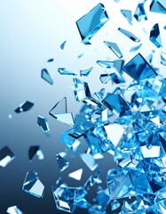 Obraz premium a 4:5 portrait abstract artwork featuring fractured or colliding glass shards suspended mid-air, rendered entirely in sapphire, lighting, transparency, and refraction within the same hue.