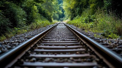 Obraz premium A long, dark railway track stretches into the distance, flanked by lush green foliage and trees, creating a dramatic perspective.