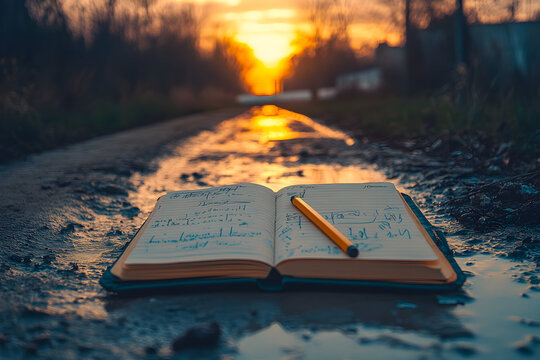 Open book and pencil on a muddy road at sunset.