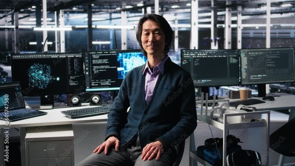 Poster smiling data center manager filming presentation, showcasing equipment using ai tech. happy business