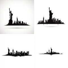 Four black silhouette views of New York City, featuring the Statue of Liberty, set against a white background
