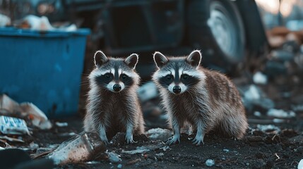 Two raccoons sit together in a trash-filled environment, looking directly at the camera.