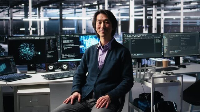 Smiling data center manager filming presentation, showcasing equipment using AI tech. Happy businessman presenting server room built for digital storage systems using artificial intelligence, camera A - Powered by Adobe
