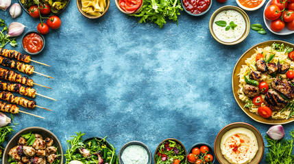 Overhead view of various Mediterranean dishes arranged on a blue background.