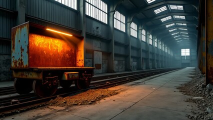 Obraz premium Abandoned industrial cart in dilapidated factory interior