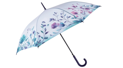 Umbrella displays floral patterns on its canopy.