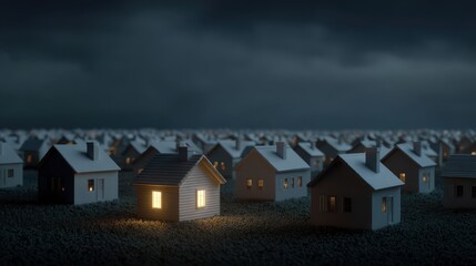 Illuminated house in a grid of dark small gray houses at night