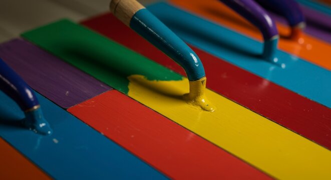 Colorful paint streaks applied with brushes onto flat, parallel planks.  Vibrant hues create a striking visual
