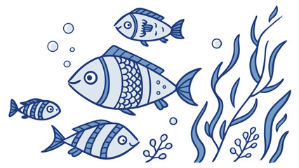Underwater Scene Featuring Playful Fish Among Ocean Plants and Bubbles