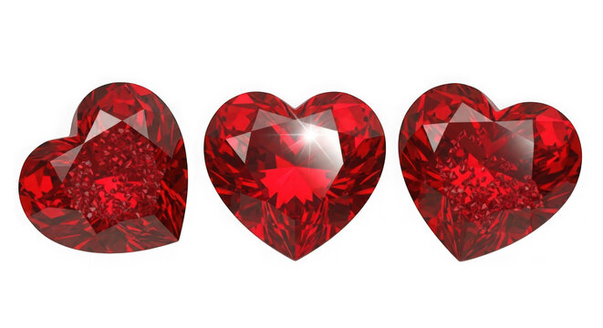 Three red ruby heart shaped gems isolated on transparent background