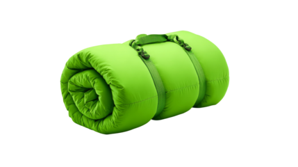 Rolled green sleeping bag with straps on a transparent background.