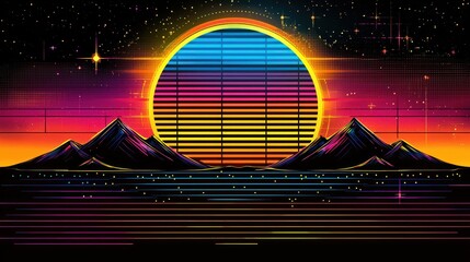 Retro sunset with mountains and horizon lines