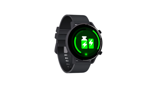 Smartwatch displaying green charging symbol on the screen.