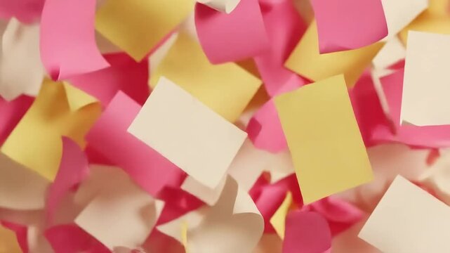 A vibrant, abstract scattering of colorful sticky notes in shades of pink, yellow, and white, creating a dynamic and playful visual texture.