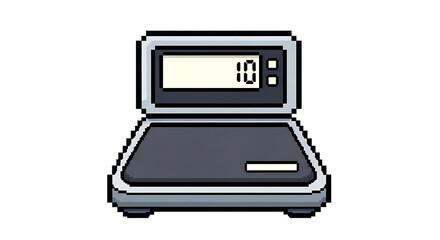 Pixel art digital kitchen scale displaying ten.