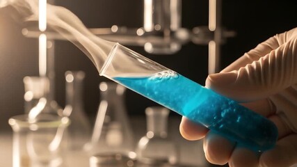 Chemical reaction in a test tube with swirling blue liquid and smoke - Powered by Adobe