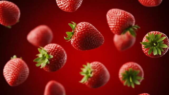 A vibrant composition of fresh, ripe strawberries seemingly suspended in mid-air against a rich, red background