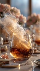 Luxury and Elegant Beverage Photography. A splash of liquid in a glass, set against a beautifully decorated table with soft lighting.