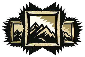 A set of three framed mountain landscape pictures with a stylized, jagged, and distressed design. It represents art, nature, and rustic decor.