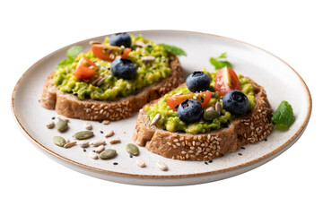 Avocado toast with blueberries, tomatoes, sunflower seeds, pumpkin seeds and sesame seeds on plate, Healthy food