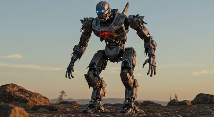 Fototapeta premium Massive robot stands guard on rocky terrain at dawn