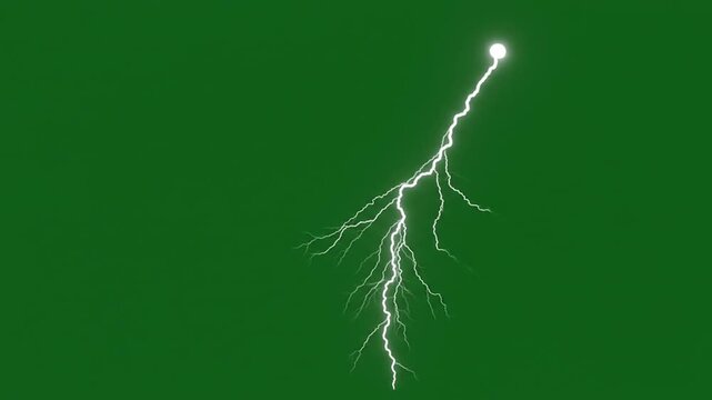 A vibrant green backdrop hosts a white lightning bolt with a radiant orb at the top, forked and crackling down