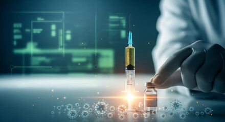 Medical breakthrough in high-tech laboratory. Doctor or scientist's gloved hand holds vaccine vial next to syringe. Concept of vaccination, immunization, fighting pandemics, the future of medicine