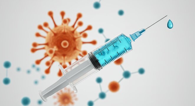 Medical syringe filled with blue liquid, vaccine or medicine. Coronavirus cell (COVID-19) and molecular structures. Vaccination, immunization, scientific fight against viral diseases and pandemic
