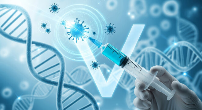 Close-up of doctor or scientist in clinical laboratory holding syringe filled with liquid vaccine or medicine. Concepts related to vaccination, immunization program, medical research, clinical trial