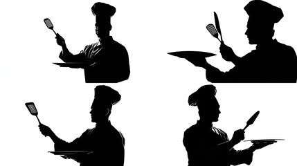 Silhouetted chefs cooks hold spatulas and plates in four varied poses