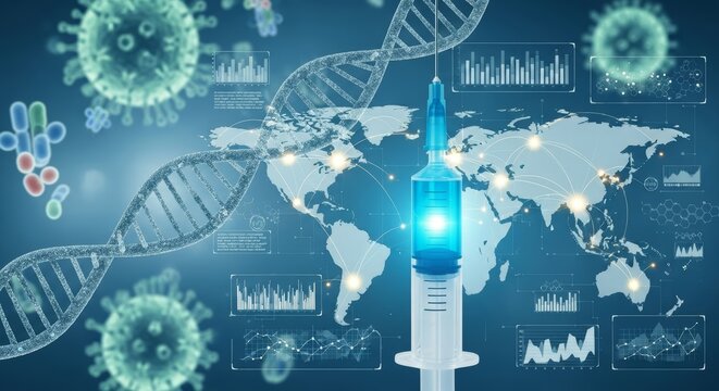 medical concept of syringe with vaccine on background of world map, DNA helix, and virus cells. symbol of global immunization, pandemic response, advances in biotechnology, pharmaceutical research