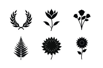 Collection of six black silhouettes of flowers and leaves on a white background