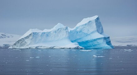 A majestic iceberg floats serenely in frigid, gray waters, its icy blue depths gleaming under a muted sky