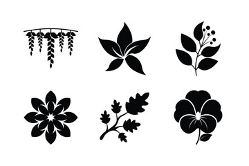 Collection of six black silhouettes of flowers and leaves on a white background
