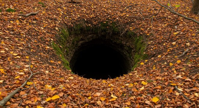Dark, circular hole in autumnal forest floor, surrounded by fallen leaves