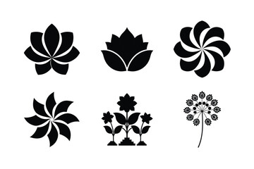 Collection of six black silhouettes of flowers and leaves on a white background