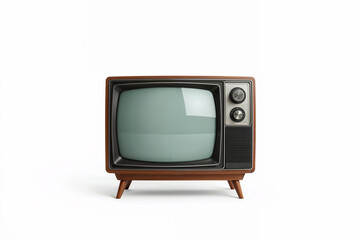 High-quality image of a classic 1960s vintage television with wood casing, dial knobs, and curved screen. Isolated on a clean white background, ideal for retro or technology-themed designs.