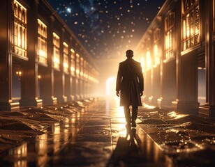 A man walking in the night on gold